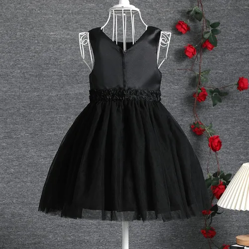 Vista 9 de OPAWO Vestido negro para niña pequeña, dama de honor, 3D, tul de encaje, vestido de princesa de satén, vestido de fiesta, concurso, funerario