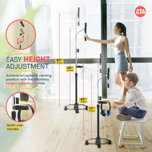 Vista 3 de CTA Digital Soporte de piso móvil compacto, ajustable con cuello de cisne con mango y ruedas giratorias para iPad Gen 7-10, iPad Air 4, 12.9