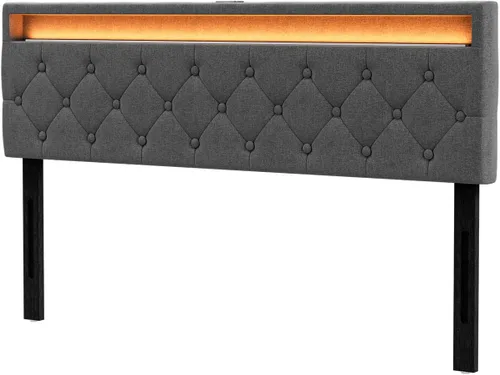 Vista 9 de IKIFLY Cabecera tapizada tamaño Queen con luces LED, puerto USB y tipo C 39.4"-43.3" Adjustable Height, Button Tufted Linen Fabric Padded Queen