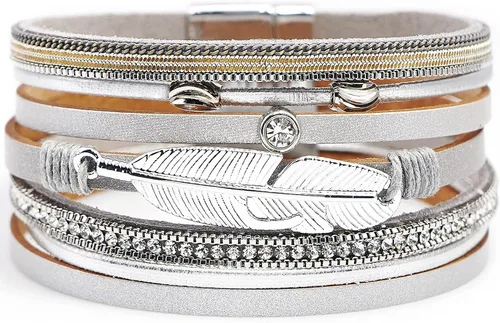 Vista 12 de Suyi Pulsera trenzada de cuero multicapa para mujer, con hebilla magnética Perla Caqui1
