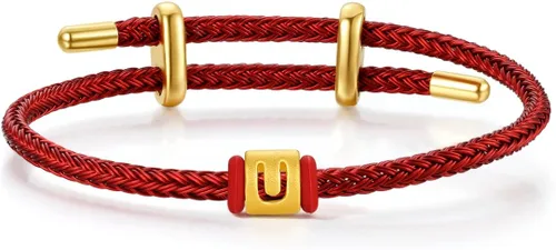 Vista 23 de ZHOU LIU FU Pulsera de Oro de 24K con Dijes de Iniciales, Pulseras Ajustables de Cadena Roja con Dijes de Letras y Corazón A-Z, Brazalete Apilable