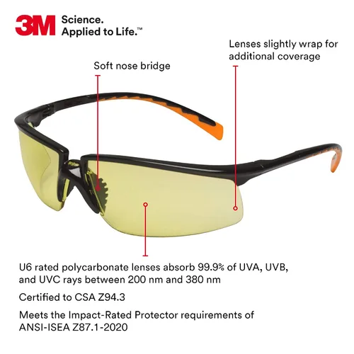 Vista 3 de 3M Anteojos de seguridad, Privo, paquete de 20, ANSI Z87, lente ámbar antivaho, marco negro, estilo europeo