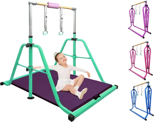 Vista 13 de Foldable Gymnastics Kip Bar with Rings & Bar Pad, 3 FT–5 FT Adjustable Horizontal Bar for Kids, 7-Level Height, 300 LBS Weight Capacity, Indoor Home