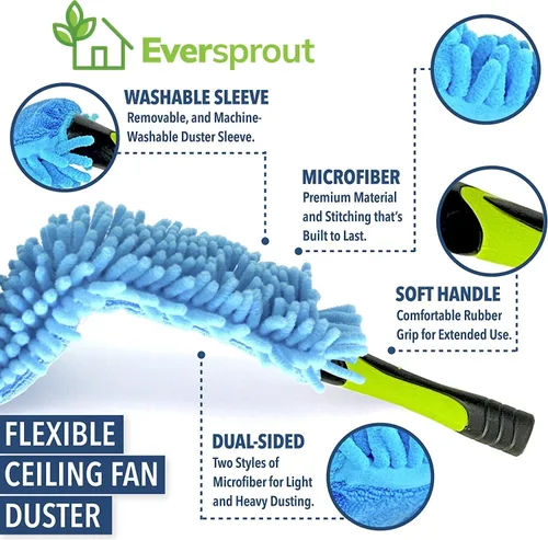 Vista 5 de EVERSPROUT Plumero de microfibra flexible de 3 pies para techo y ventilador, flexible para limpiar cualquier aspa, cabezal de cepillo extraíble