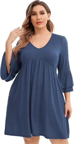 Vista 2 de KOJOOIN Vestido tipo túnica casual para mujer, talla grande, cuello en V, holgado, manga 34, con volantes, bohemio, vestido midi con bolsillos
