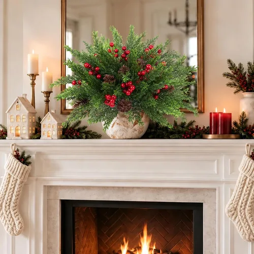 Vista 6 de 6 Pcs Christmas Greenery Stems, Artificial Pine Branches with Red Berries and Pinecones, Faux Evergreen Floral Stems for Vase, Full Christmas Picks