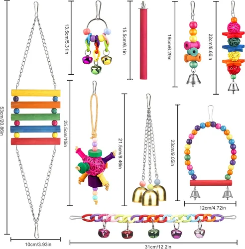 Vista 6 de Juguetes para pájaros para cotorras con escalera colorida, hamaca, accesorios para jaula de pájaros, percha para pájaros, juguetes para masticar