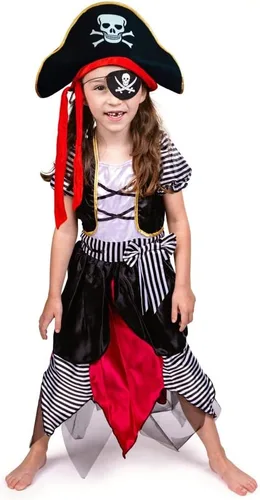 Vista 4 de Dress Up America Disfraz de pirata para niños, disfraz de pirata bucanero para niñas, vestido, sombrero y parche en los ojos