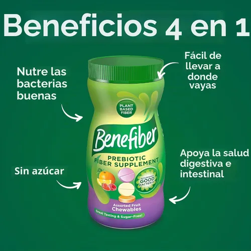 Vista 2 de Benefiber Tabletas masticables de suplemento de fibra prebiótica para la salud digestiva, sabores surtidos de frutas, 100