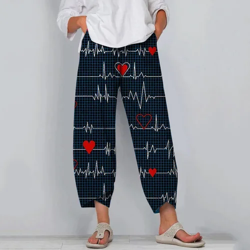 Vista 4 de Sharemen Pantalones de verano para mujer, pantalones largos de lino, cómodos, de algodón, casual, con estampado de bolsillo, cintura alta