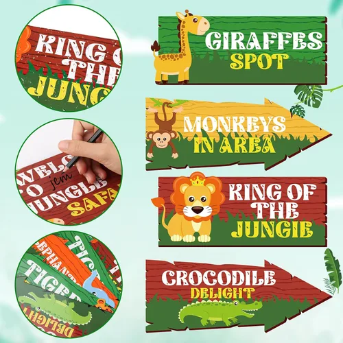 Vista 4 de 20 carteles de fiesta de safari con texto en inglés "Welcome to Jungle Safari", decoraciones de fiesta temática de animales salvajes, letreros