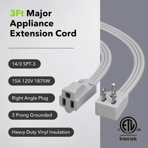 Vista 3 de BN-LINK Cable de extensión para electrodomésticos de 3 pies, cable de alimentación resistente de 15 amperios, 14/3 SPT-3, enchufe plano con conexión