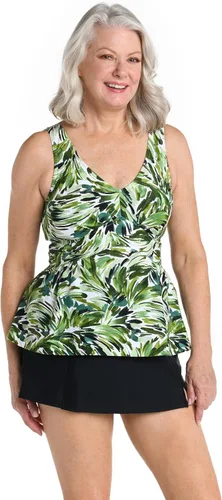 Vista 6 de Maxine of Hollywood Women's Over The Shoulder Empire Tankini Swimsuit Top Negro/ Jardín iluminado por la luna