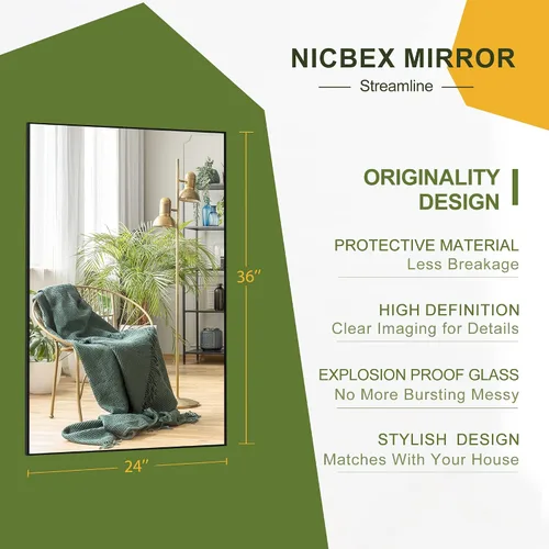 Vista 4 de NicBex Espejo de pared, espejo de aleación de aluminio de 36 x 24 pulgadas, espejo de pared para dormitorio, baño (horizontal/vertical), sala