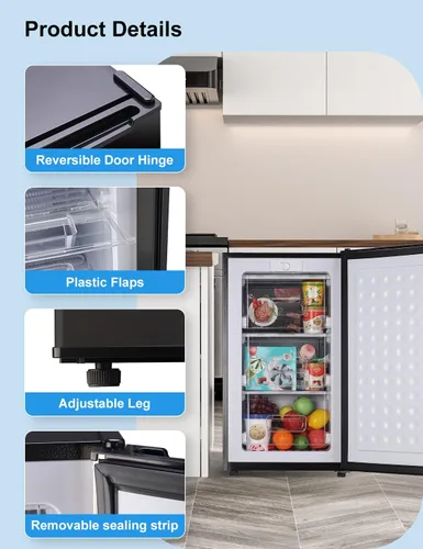 Vista 5 de Congelador vertical de 3.2 pies cúbicos Mini Congelador con Puerta Reversible - Congelador Vertical con Termostato Ajustable de 3 Niveles
