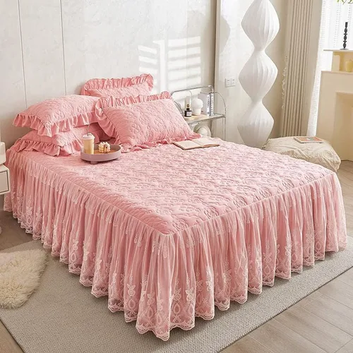 Vista 8 de Colcha acolchada de algodón brocado con patrón de flores, falda de cama con volantes, tamaño Queen, beige