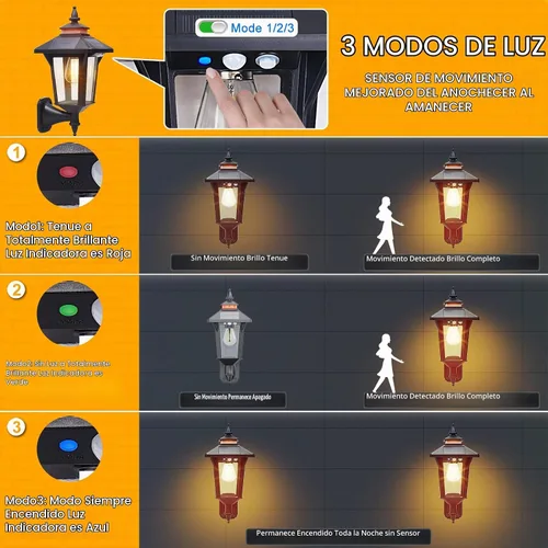Vista 2 de Linterna de Pared Solar con 3 Modos, Luz de Pared Solar con Sensor de Movimiento Impermeable, Luces LED de Porche Delantero del Anochecer al