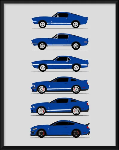 Vista 9 de Custom Car Posters Póster hecho a mano compatible con Shelby Mustang GT500 Generations e impresión de Ford Shelby GT500, azul con rayas blancas