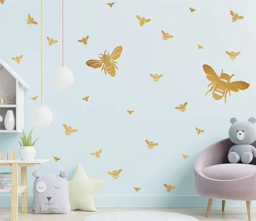 Vista 3 de Calcomanías de pared de abejas de abeja, decoración de pared de abejas doradas, calcomanías para despegar y pegar gold bee decor for walls, wall