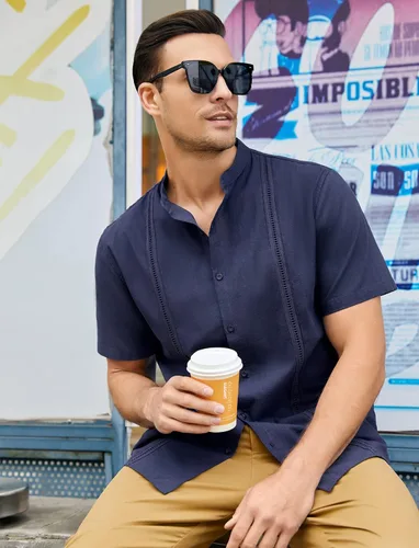 Vista 5 de Ryannology Guayabera - Camisas de lino de manga corta con botones para hombre, estilo casual, playa, campamento cubano, camisa mexicana para hombre