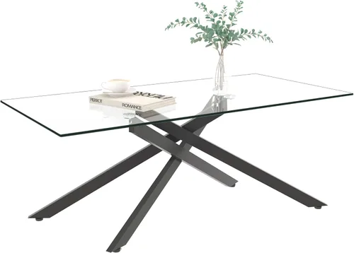 Vista 6 de Henf Mesa de centro rectangular moderna de vidrio transparente de 47 pulgadas, mesa de centro rectangular de vidrio templado para sala de estar