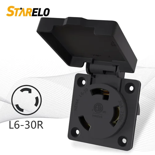 Vista 4 de Receptáculo de bloqueo de 30 amperios para generador NEMA L6-30R con cubierta, 250 voltios, 2 polos, 3 cables, resistente a la intemperie, al polvo