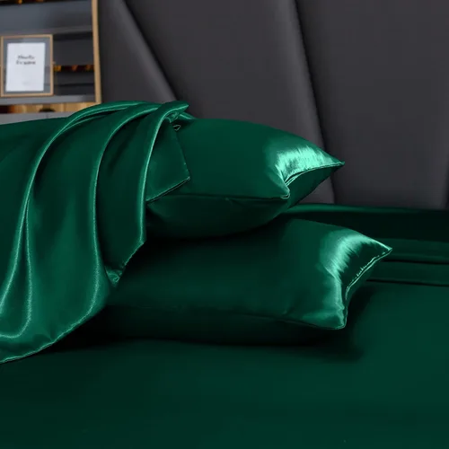 Vista 4 de Homiest Juego de sábanas de satén, tamaño matrimonial, 7 piezas de ropa de cama de satén en verde negruzco, sábana bajera de bolsillo profundo