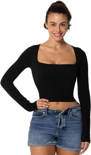 Vista 3 de Sunzel Camiseta corta de manga larga para mujer, con cuello cuadrado ancho, sexy, sin costuras, moderna, para entrenamiento, yoga, casual
