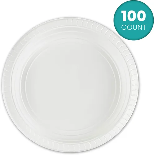 Vista 3 de PLASTICPRO Platos redondos de plástico de 7 pulgadas para microondas, desechables, color blanco, vajilla de 100