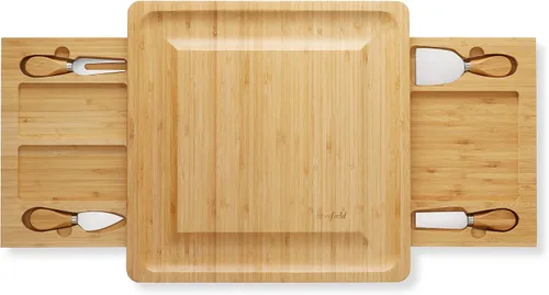 Vista 4 de Casafield Juego de regalo de tabla de queso de bambú, plato de charcutería con cuchillos de acero inoxidable para entretenimiento, cumpleaños, bodas