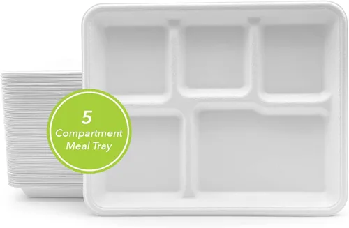 Vista 16 de three leaf platos redondos de bagazo de 10 pulgadas con 3 compartimentos, 25 unidades. Platos de bagazo desechables, 100 % biodegradables