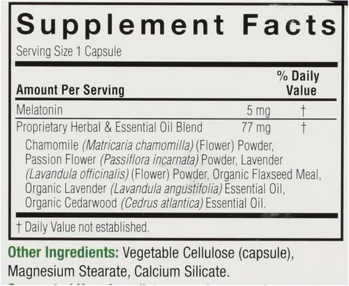 Vista 2 de Nature's Answer Melatonina 5mg 60 cápsulas Promueve un sueño reparador Melatonina + aceites esenciales lavanda calma y relaja Una sola cuenta