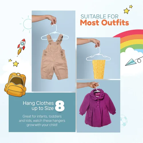 Vista 3 de Perchas de plástico para niños de 12 pulgadas, paquete de 10 unidades, fabricadas en los Estados Unidos, capacidad de 5 libras, perchas para ropa