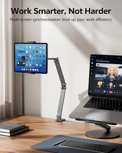 Vista 15 de LULULOOK Soporte para tablet iPad para escritorio, aluminio resistente giratorio de 360° y soporte plegable para Kindle para cama, soporte para iPad
