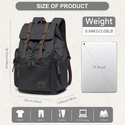 Vista 3 de MOYYI Mochila de lona para hombre para laptop de 13 a 17.3 pulgadas, mochila vintage duradera con ribete de cuero para uso diario, universidad