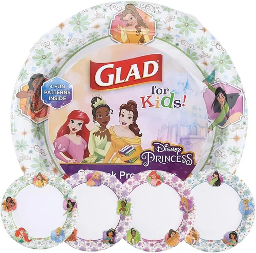 Vista 9 de Glad para Niños Platos de Papel Desechables de Princesas Disney, Marcos Florales - Resistente, A Prueba de Absorción, Apto para Microondas, Platos
