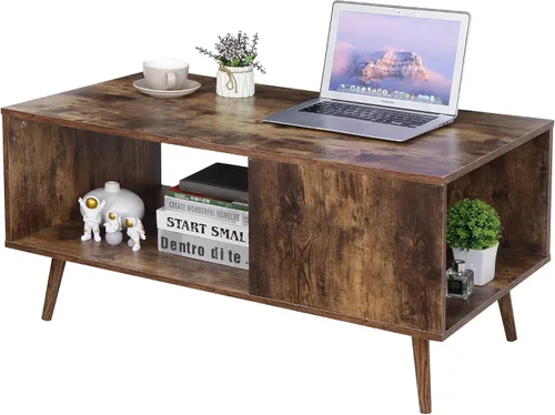 Vista 7 de SUPER DEAL Mesa auxiliar de 2 niveles para sala de estar, mesa central rectangular de 40 pulgadas con estante de almacenamiento abierto, mesa