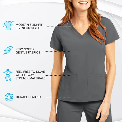 Vista 4 de Olive & Co. Camisas médicas para mujer, color gris peltre, moderno, ajustado, con cuello en V