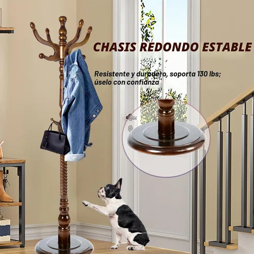 Vista 2 de Perchero de madera de 73 pulgadas, perchero independiente con base redonda estable, altura ajustable, para el hogar, dormitorio, oficina, pasillo
