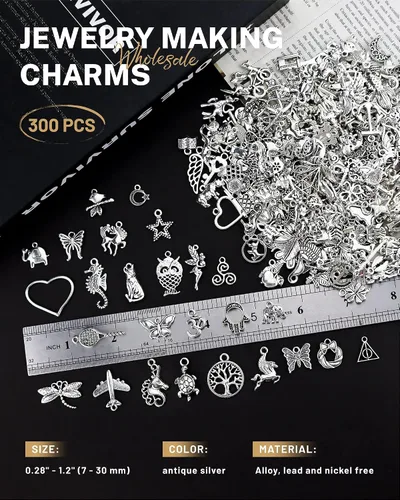 Vista 2 de JIALEEY 300 piezas al por mayor de lotes a granel para hacer joyas, dijes mezclados suaves de aleación de plata tibetana, dijes para bricolaje