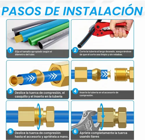 Vista 2 de 1/4 Pulgada OD Inserto de Compresión de Latón, Manga con Casquillo, Tuerca 50 Piezas