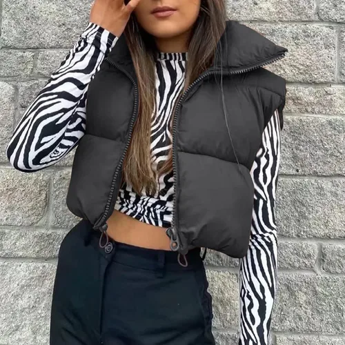 Vista 3 de Hixiaohe Chaleco corto de invierno para mujer, acolchado, ligero, con cuello alto, con cremallera, sin mangas