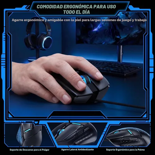 Vista 5 de Uineer Ratón para juegos con cable, 7200 DPI, 6 botones programables