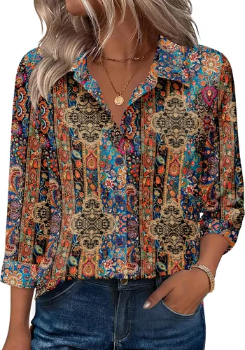 Vista 24 de Zeagoo Camisas con botones para mujer, manga 3/4, cuello en V, blusas con cuello en V, trajes casuales de negocios