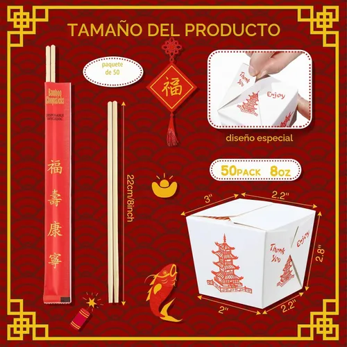 Vista 2 de Sabary 50 juegos de cajas chinas de 8 onzas para llevar con palillos, recipientes de papel de pagoda para alimentos con palillos desechables