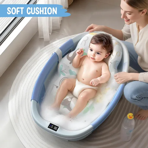 Vista 5 de TOSGN Bañera plegable para bebé, 3 segundos para instalar, bañera para bebé con cojín suave y termómetro, bañera para recién nacidos de 0 a 36 Azul