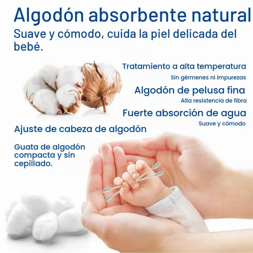 Vista 2 de Hisopos de algodón para bebé, palitos de papel para limpieza de orejas y nariz, 200 unidades (espiral y redonda)