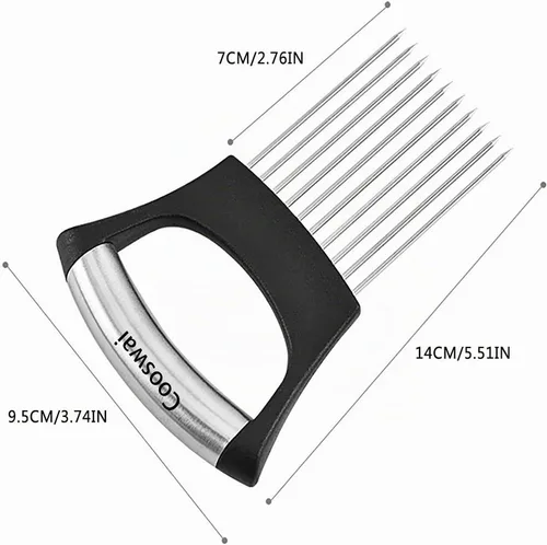 Vista 6 de Cooswai Soporte de cebolla inoxidable para rebanar, asistente de cocina, verduras - Herramienta de rebanadas de picadora mejorada, asistente