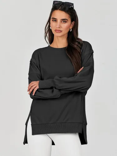 Vista 7 de Caracilia Sudadera de gran tamaño para mujer, cuello redondo, manga larga, sudadera con capucha, ropa de otoño a la moda