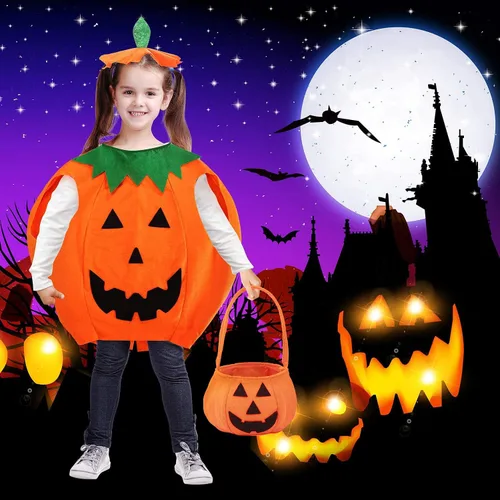 Vista 5 de Disfraz de calabaza de Halloween para niños conjunto de disfraz de calabaza y Halloween con bolsa de mano de calabaza y sombrero para fiesta
